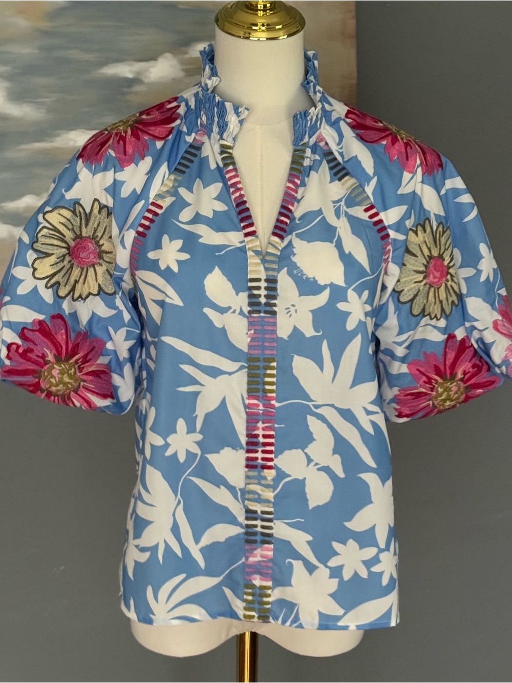 NWOT THML Antropologie Blue Puff Sleeve Embroidered Floral Print Top Size XS
